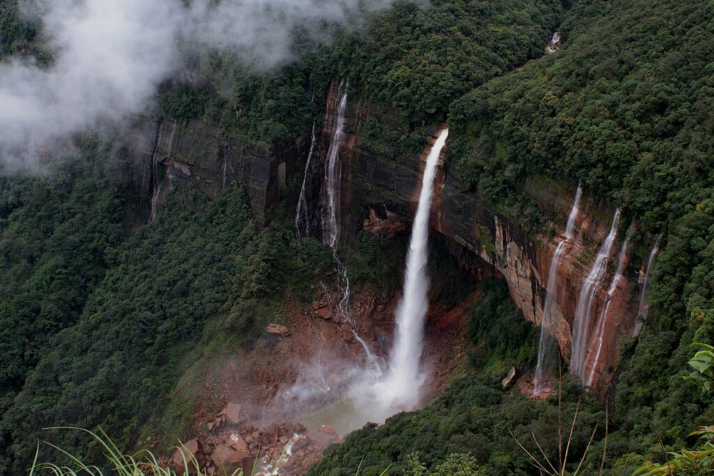 A bird's eye view of a waterfall in Meghalaya